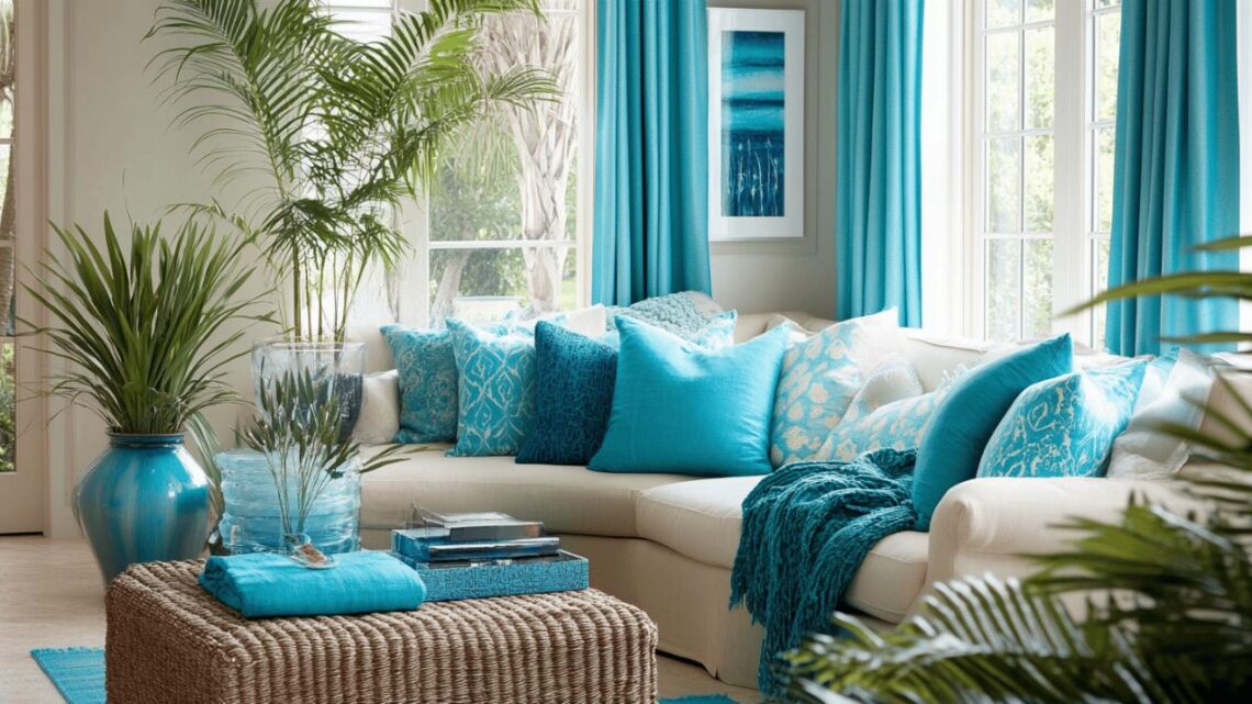 Coussins, rideaux, tapis : le turquoise s’invite dans votre salon